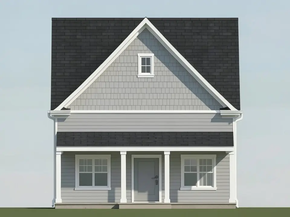 Front elevation of a light grey sided house with a dark gable roof, a white-trimmed porch on four posts, a front door in the middle and a window on each side, with a small window in the gable
