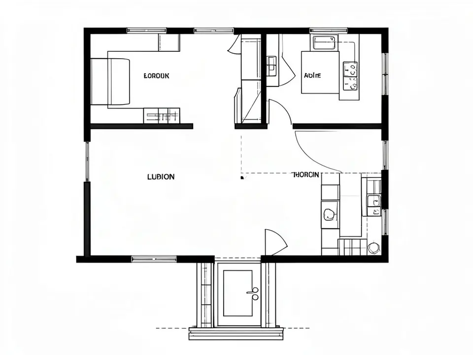 Black and white 2D floor plan of a small bungalow with an open living area, a kitchen and a covered porch at the bottom, with garbled room labels