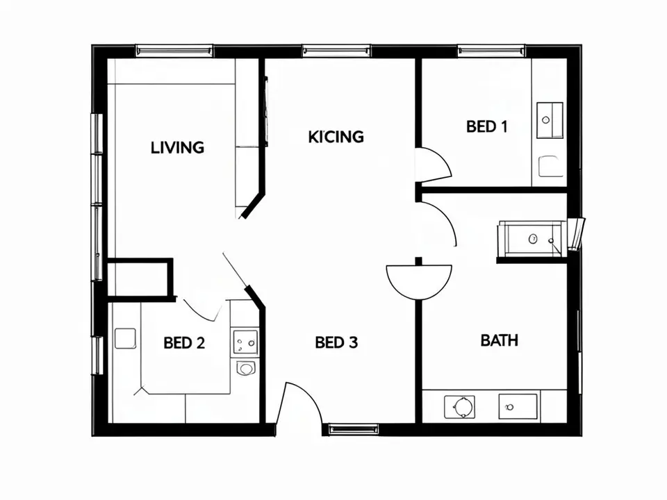 Black and white 2D floor plan of a small three-bedroom house with thick walls, door swings and rooms labelled Living, Bed 1, Bed 2, Bed 3 and Bath, one label misspelled Kicing