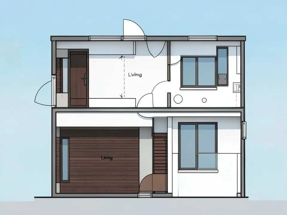 A flat house front with white walls, large dark-framed windows, a dark timber panel and a blue sky, but with the plan's lines, a door arc and the word Living still drawn over it