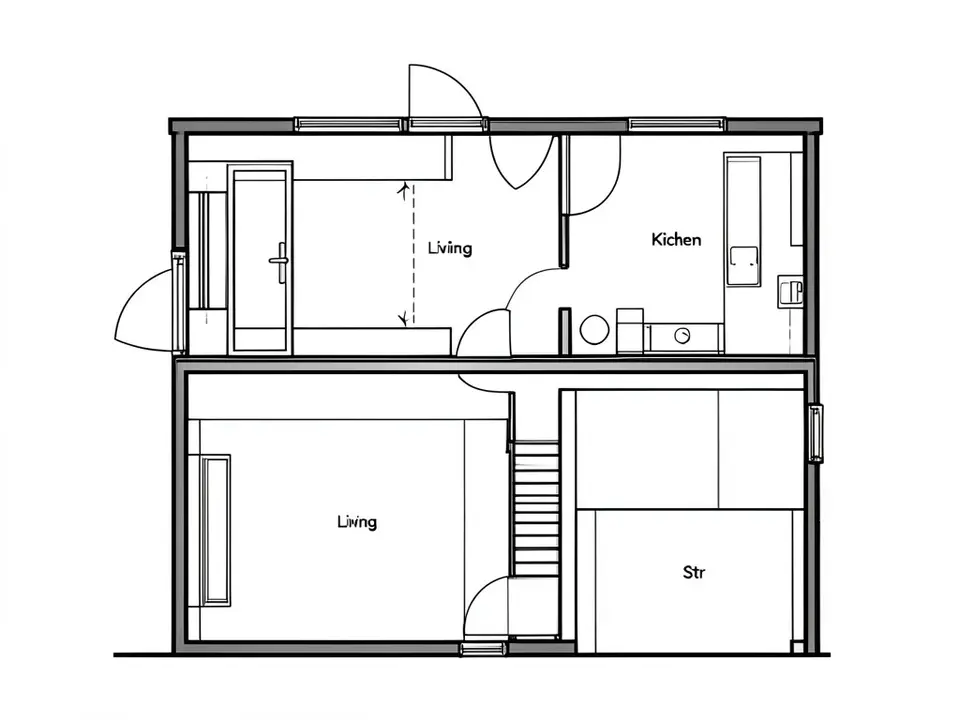 Black line drawing of a two-level floor plan with rooms labelled Living, Kichen and Str, a staircase in the middle and door swings, drawn with uneven line weights