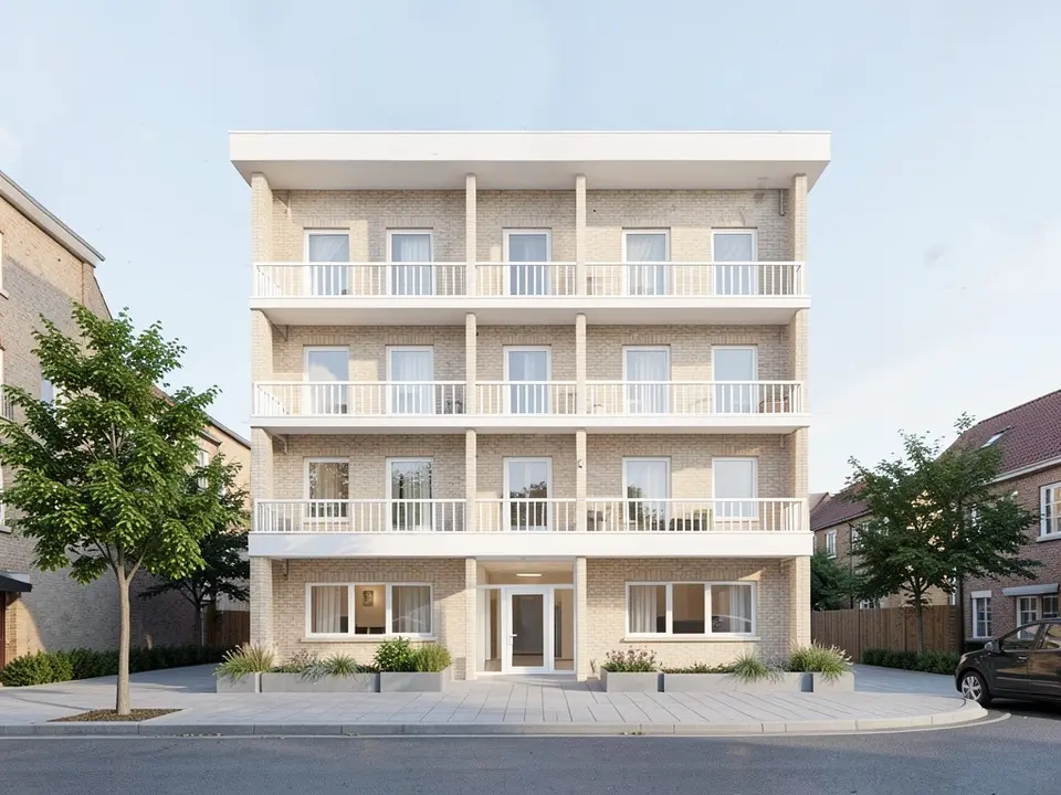 Photo-like street view of the same four-storey building with light yellow brick walls, white balcony railings, white columns and roof slab, a glazed entrance, planters, a tree on the pavement, brick houses on both sides and a road in front