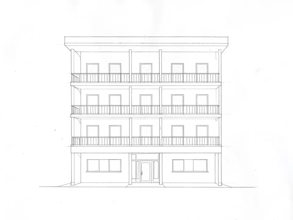 Pencil line sketch of a straight-on view of a four-storey apartment building with a flat roof slab, vertical columns, three balcony bands with railings, five windows per floor and a ground-floor entrance with two windows