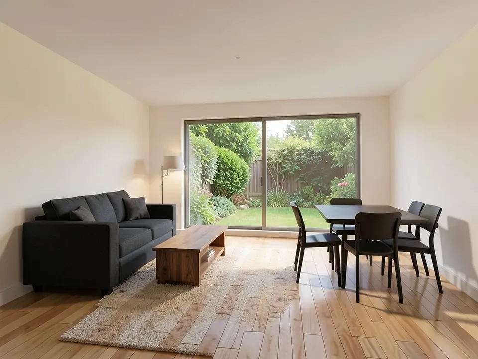 Photo-like daytime image of the same living room with a charcoal sofa, a walnut coffee table on a cream wool rug, the same floor lamp and dining set, warm white walls, an oak floor and a garden with hedges and a fence visible through the sliding window