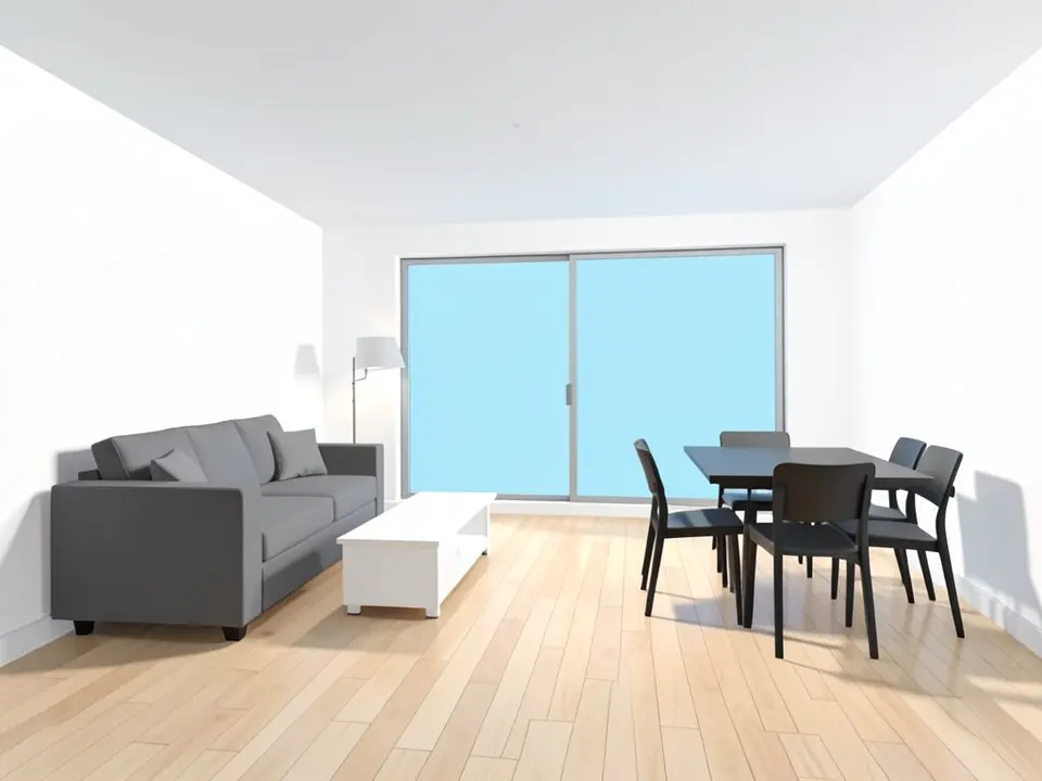 Plain flat-shaded 3D view of an open-plan living room with white walls, a light wood plank floor, a grey sofa, a white coffee table, a floor lamp, a black dining table with four black chairs and a sliding window filled with flat light blue