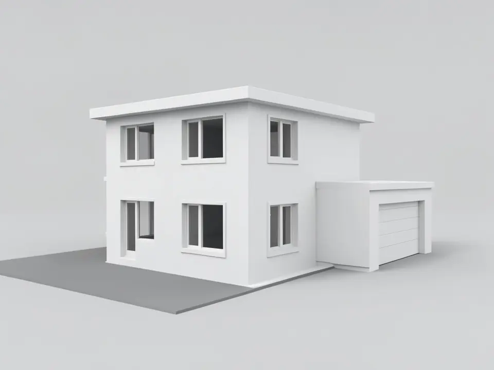 Plain white clay 3D model of a two-storey flat-roofed villa with a small garage wing, window openings, a grey ground slab and a plain grey background