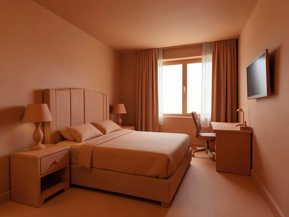 Terracotta clay 3D model view of a hotel bedroom with a bed and tall channel-stitched headboard, two bedside lamps, a nightstand with a drawer, a window with curtains, a desk with a desk lamp and an office chair, and a TV on the right wall