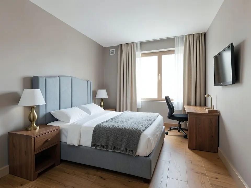 Photo-like daytime render of the same hotel bedroom with white bed linen, a grey knitted throw, a grey-blue upholstered headboard and bed base, walnut nightstands, brass lamps with white shades, oak floor, warm grey walls, beige drapes with white sheers, a walnut-toned desk with a black office chair and a black wall TV