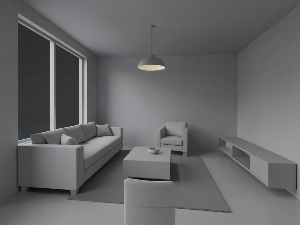 Untextured grey 3D model view of a living room with a three-seat sofa under a tall two-pane window, an armchair, a coffee table with a bowl on a dark grey rug, a pendant lamp, a low wall-hung TV unit on the right wall and the back of a chair in the foreground