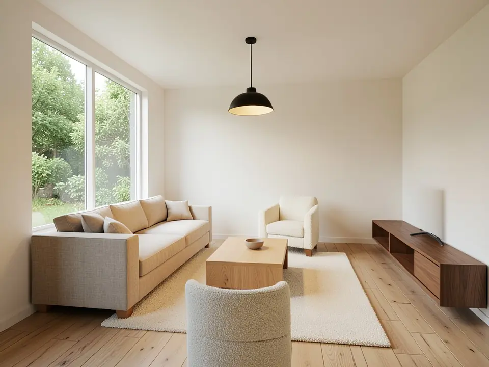 Photo-like daytime render of the same living room with a beige linen sofa and cushions, a cream boucle armchair, a light oak coffee table with a ceramic bowl on a cream deep-pile rug, a black pendant lamp, a walnut TV unit, oak plank floor, warm white walls and a green garden through the window