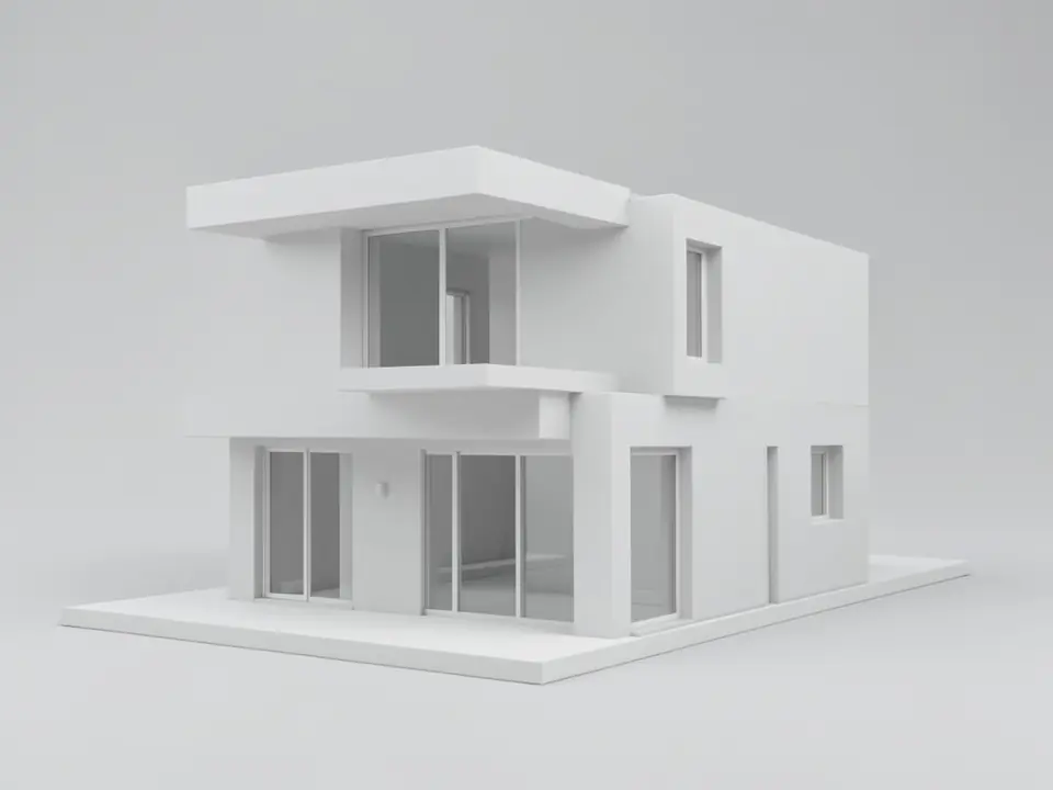White clay render of a modern two-storey villa with a cantilevered roof slab over an upper balcony, a closed box on the upper right with one small window, three glass doors on the ground floor and a small window and narrow door on the side, on a white base against a plain grey background