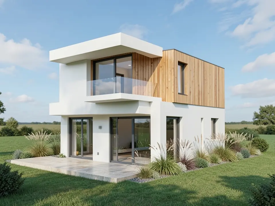 Photo-like daytime render of the same villa with white render walls, vertical timber cladding on the upper box, dark grey window frames, a glass balcony balustrade, a light stone terrace, ornamental grasses and shrubs, a green lawn, distant fields and trees and a blue sky with clouds