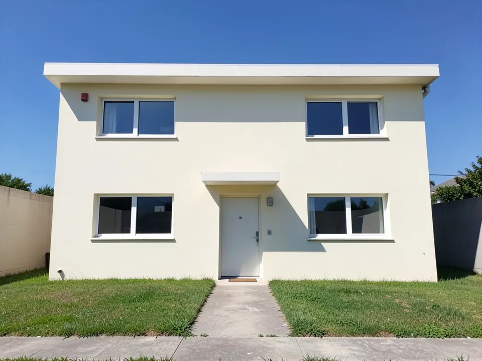 Front of a plain two-storey flat-roofed house with smooth cream stucco walls, two windows on each floor, a small canopy over a pale front door, a lawn and a concrete path