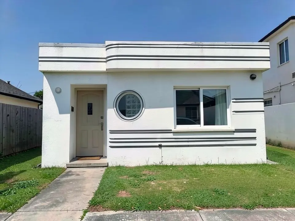 The same bungalow with a round porthole window beside the door, horizontal speed-line grooves and a stepped band along the top of the front wall, and the same window, lawn and path