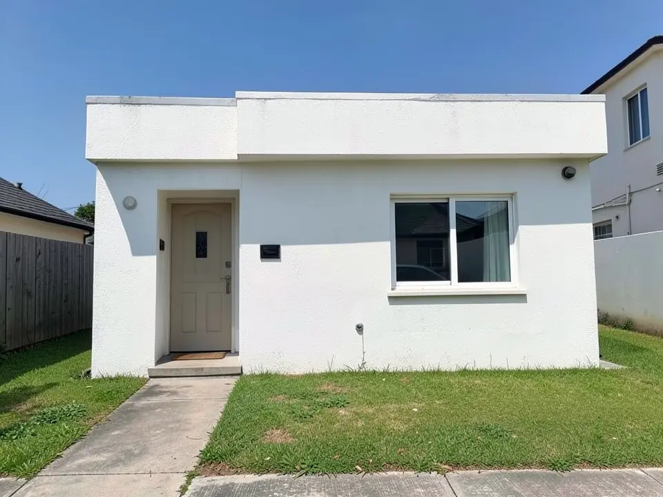 Front of a small white rendered flat-roofed bungalow with a pale door at the left, a large window to the right of it, a lawn and a concrete path