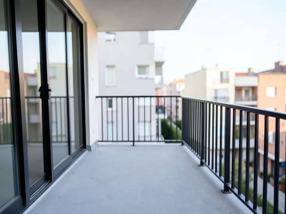 A bare apartment balcony with a grey concrete floor, a black metal railing, a black-framed sliding glass door on the left, and apartment buildings in the distance