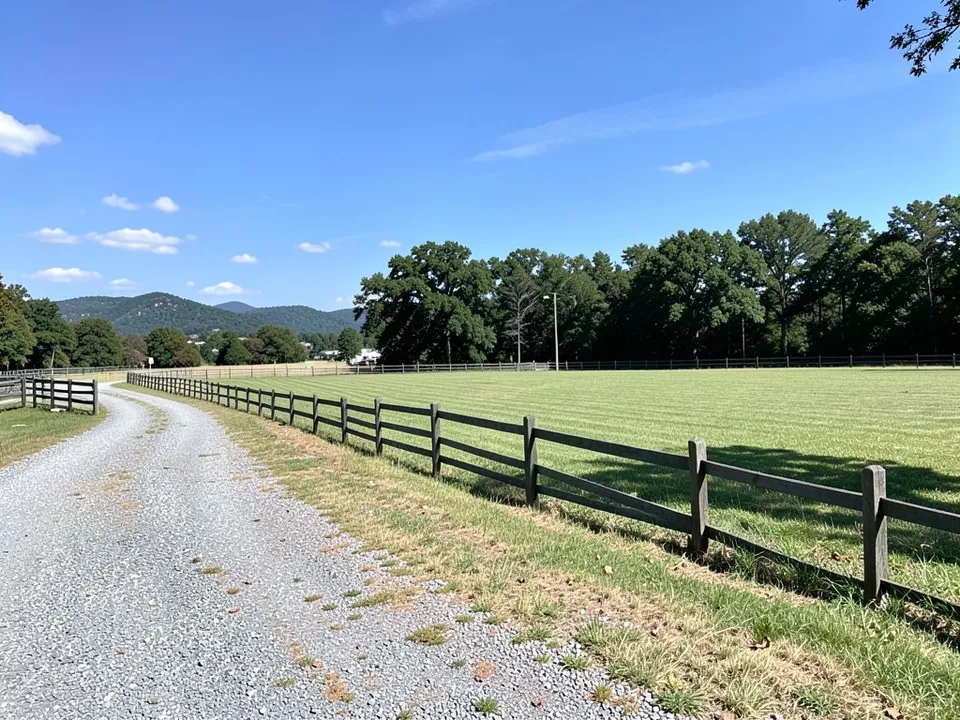 An empty mown pasture with a gravel driveway on the left, a dark wooden ranch fence along it, a line of oak trees at the back, low hills and a blue sky