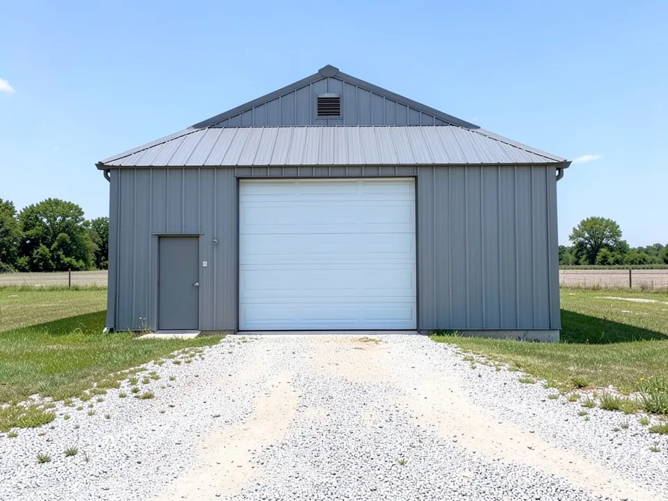 Front of a plain grey steel pole barn with corrugated metal walls, a low grey metal gable roof with a vent, one large white roll-up door, a small grey walk-in door on the left and a gravel drive, with fields and trees behind