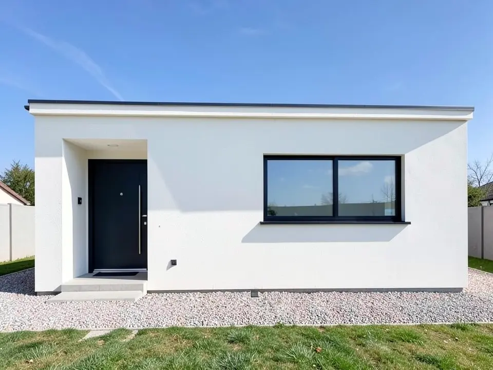 Front of a modern single-storey white rendered house with a flat roof, a black front door and one wide black-framed window