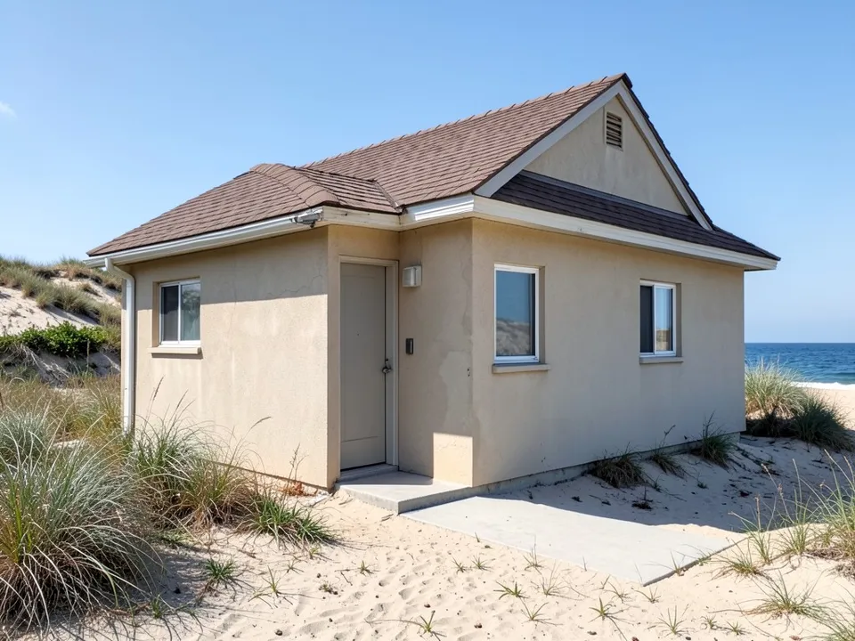 A small dated single-storey beige stucco house with a brown shingle roof, small windows, a plain door and a concrete path, on sand with beach grass, a dune behind and a strip of ocean on the right