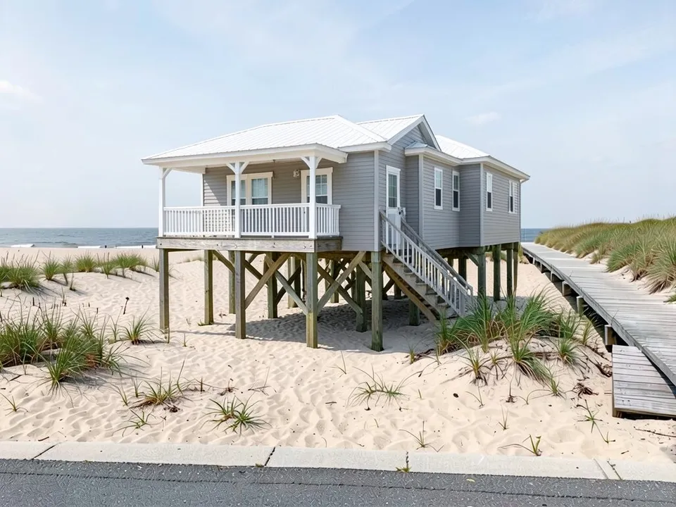 The same lot with a grey lap-sided beach house raised on tall braced wooden pilings, a white metal hip roof, a covered porch with white railings on the front and a wooden stair up the side, with open space under the house; the boardwalk, sand, grass and ocean unchanged