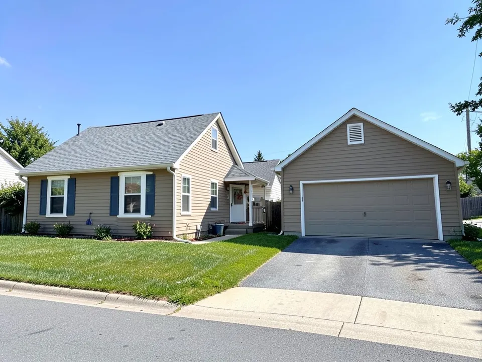 A single-storey tan house on the left and a separate tan garage on the right, a small entry porch, a fence and a strip of grass in the gap between them, grey shingle roofs and a driveway