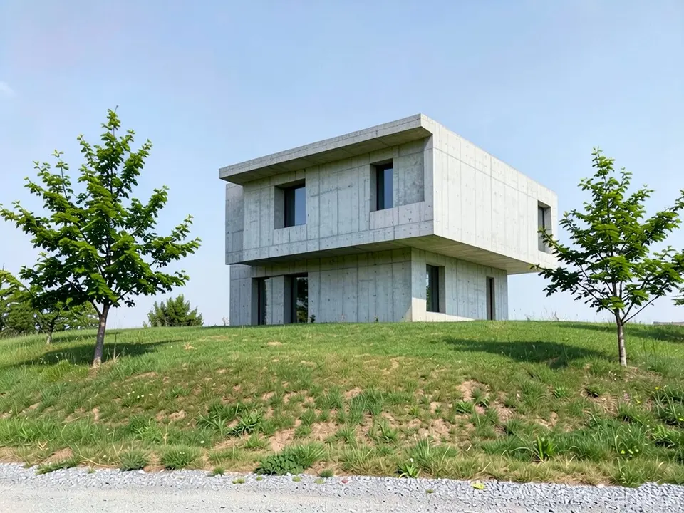 The same plot with a two-storey pale grey concrete house on the crest of the slope, the upper block overhanging the lower one, small dark square windows and a thin flat roof edge, with the trees, the grass, the gravel and the sky unchanged