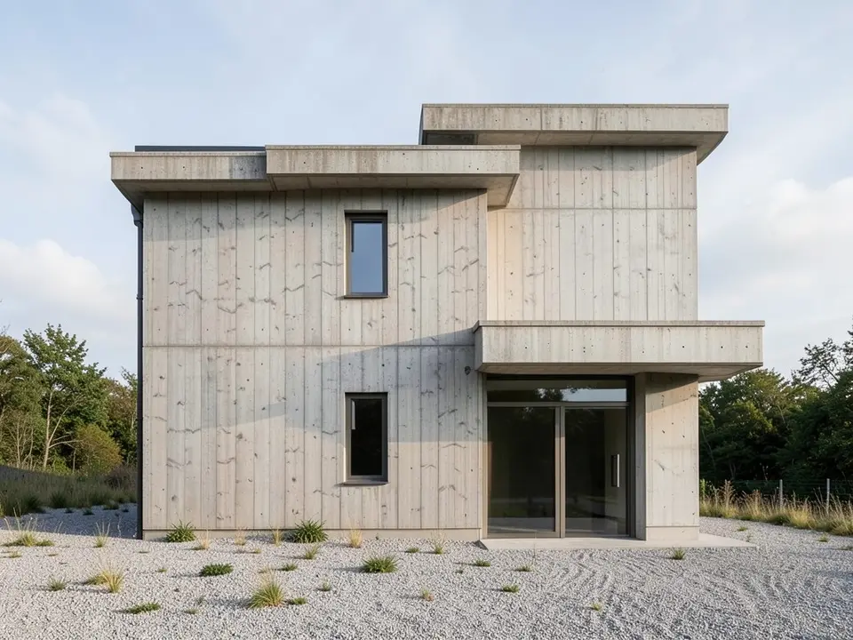 A photo-like render of the same house in pale grey concrete with vertical board marks and small tie-hole dots, thick flat roof slabs, two narrow dark windows on the left block, a deep concrete canopy over a glass door and a gravel yard with grass tufts, with trees behind