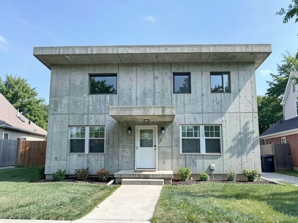 The same house with raw grey concrete walls showing vertical board marks, a flat roof with a thick overhanging slab edge, two small dark windows on the upper floor, a small concrete canopy over the white front door in place of the porch, the white-framed ground-floor windows unchanged, and the lawn and the path unchanged
