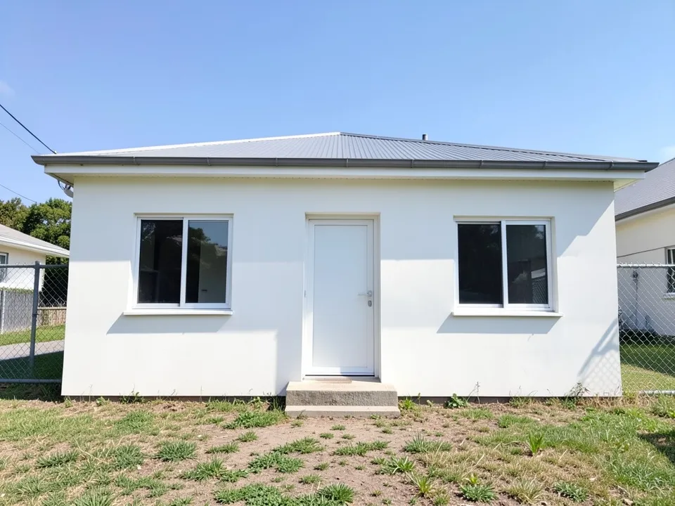 Front of a plain single-storey house with flat white walls, a low grey hip roof, two plain windows, a white door with no porch, a concrete step, a patchy lawn and a chain-link fence