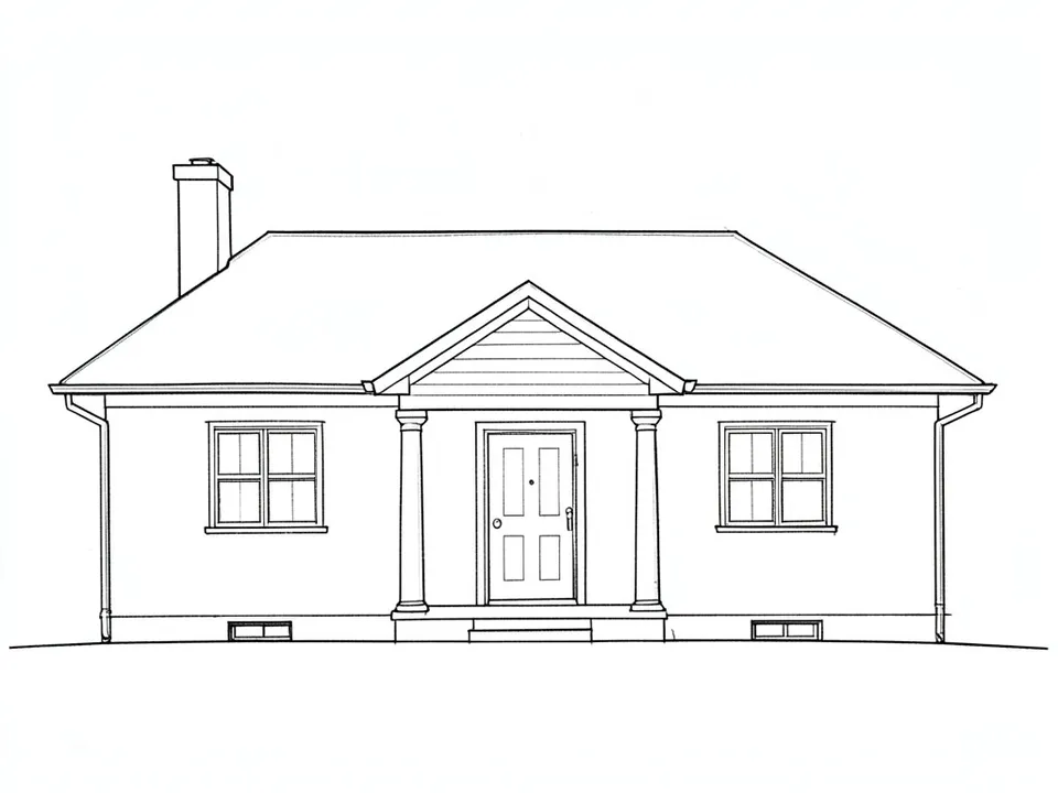 A black pencil line sketch on white paper of a single-storey house with a low wide roof, a front gable over a porch with two columns, a central door, one window on each side and a chimney on the left