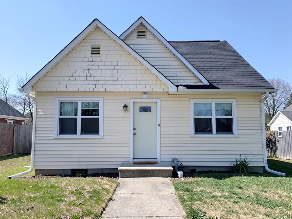 Front of a small cream clapboard house with a dark steep roof and two front-facing gables, a pale front door on a bare concrete step, a window on each side, a lawn and a concrete path