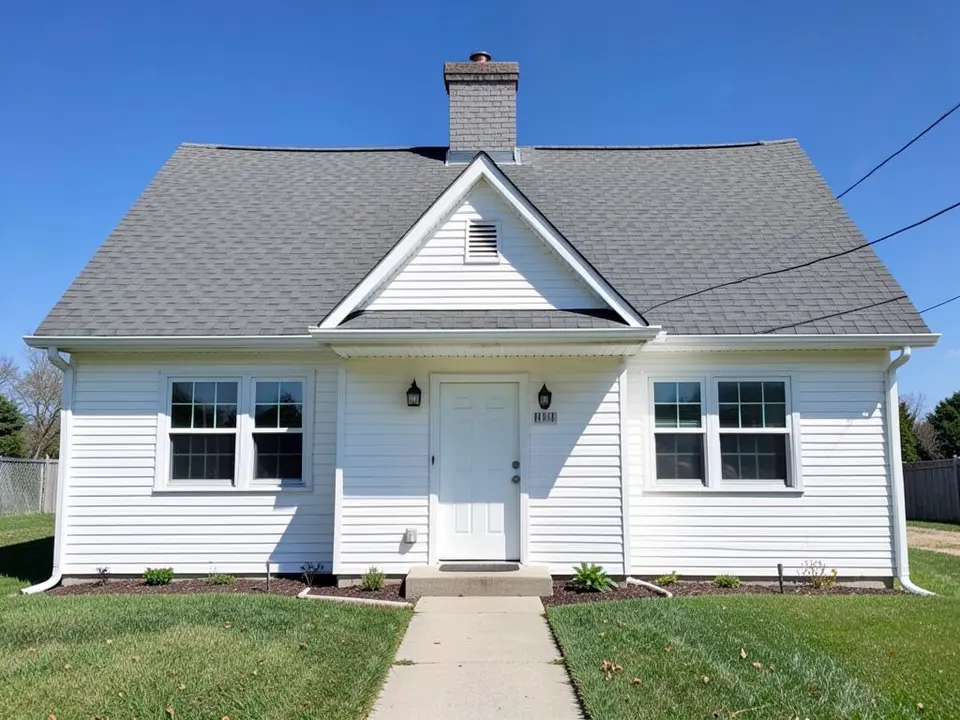 Front of a one-and-a-half storey house with white vinyl siding, a steep grey roof with a front-facing gable and a chimney, a centred white door with a white-framed window on each side, a lawn and a concrete path