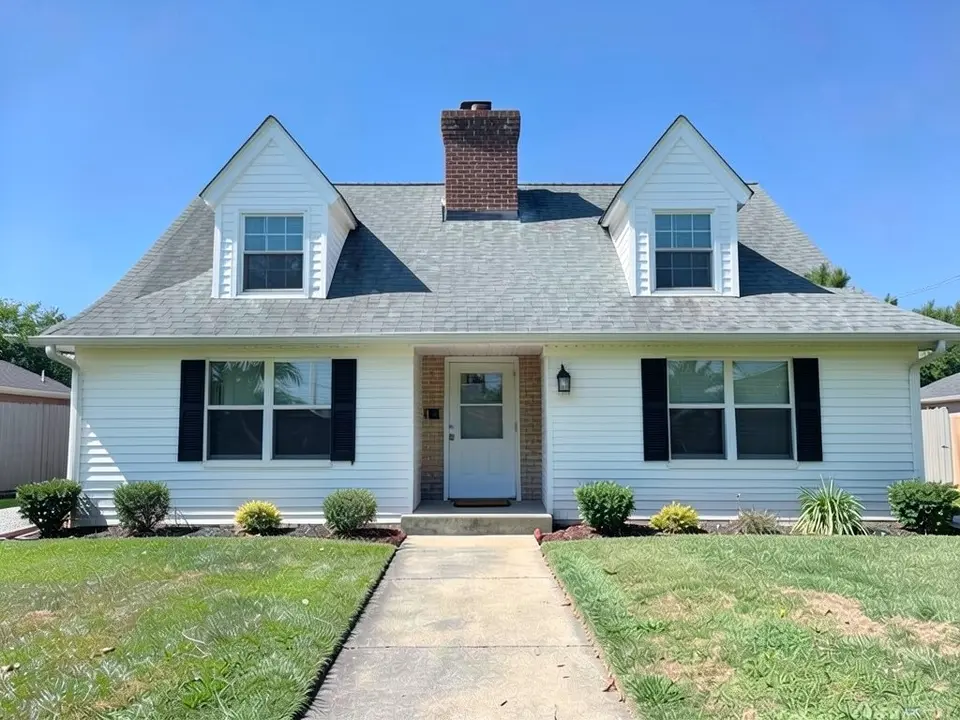 The same house with a much steeper grey roof, two gable dormers with white-framed windows, a brick chimney on the ridge, white clapboard siding either side of a brick panel around the white front door, and black shutters on the two windows; the lawn and path unchanged