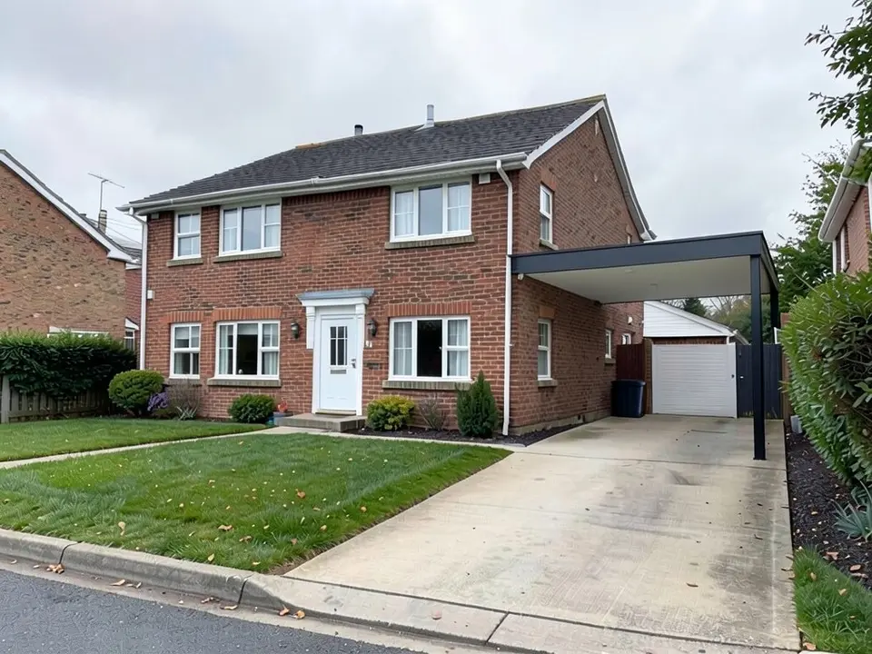 The same house with a flat dark roof with a white underside fixed to the right side wall and held at the front by one slim black post, open at the front and sides, over the part of the driveway next to the house