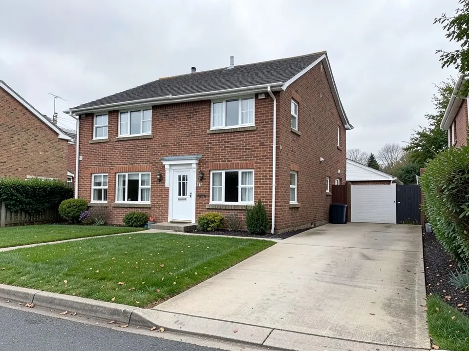 Front of a detached two-storey brick house seen from the street, with a white front door, a lawn, a hedge, and a concrete driveway running up the right side of the house past a bin to a white garage with a dark gate at the far end