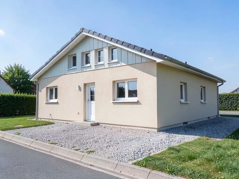 The same house with a row of small high windows set in a pale board clad band at the top of the gable wall, with the same walls, door, drive and lawn