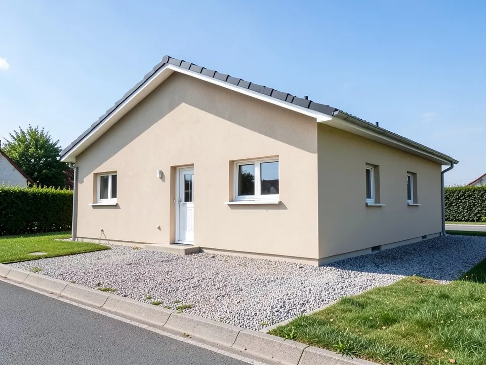 A plain single-storey house with a low gable roof, beige rendered walls, small white windows, a front door, a gravel drive and a lawn