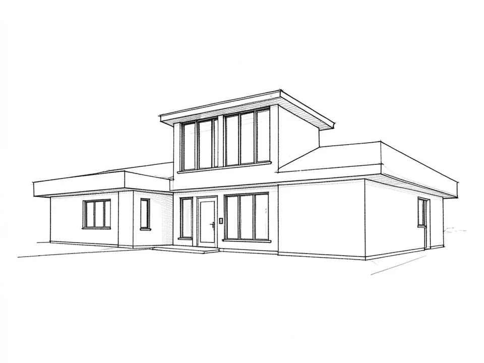 A black pencil line sketch of a modern single-storey house with a raised middle section with a row of tall windows, lower flat roofs on both sides and a front entrance
