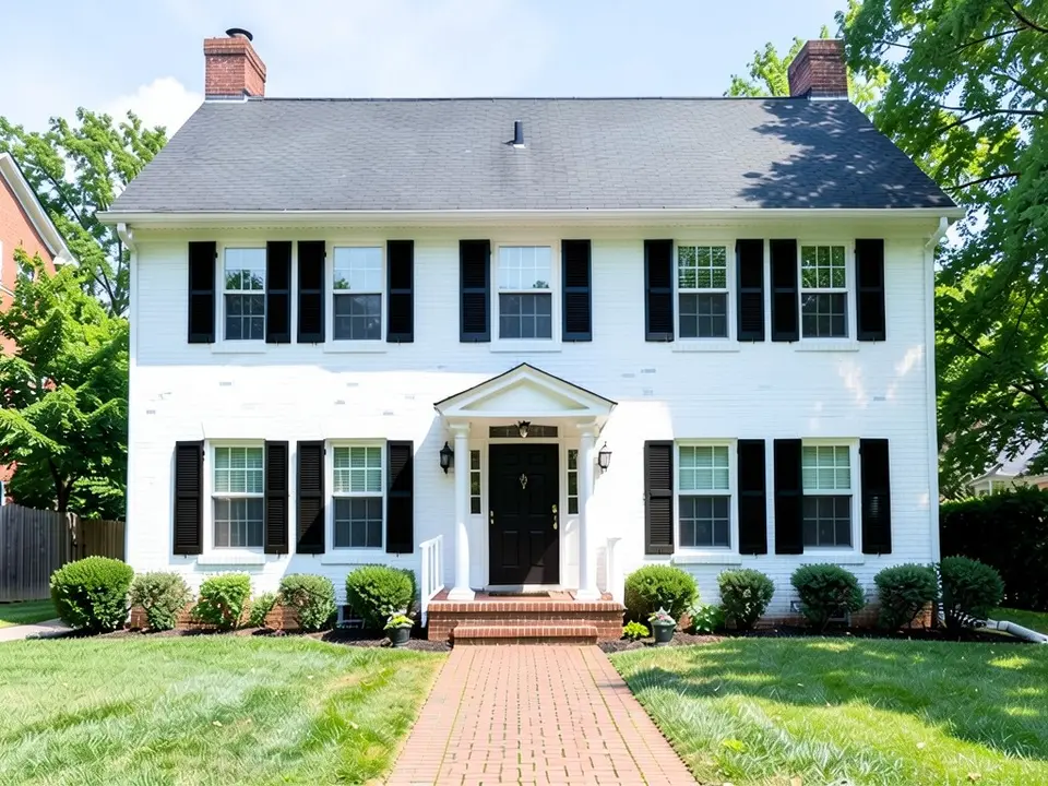 The same house with painted white brick walls, black shutters, a black front door under the same white portico and the same grey roof, with the chimneys still red brick and the brick path and steps still red