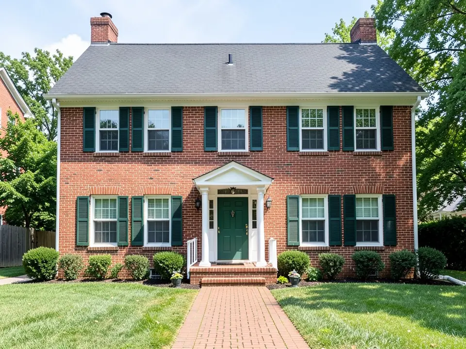 Front of a symmetrical two-storey red brick house with a dark grey roof, two chimneys, white-framed windows with dark green shutters, a green front door under a small white portico with two columns, clipped shrubs, a lawn and a brick path