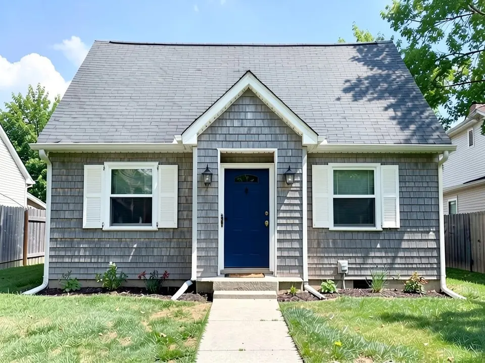 The same house with grey weathered cedar-shingle walls, white shutters beside the two windows, a navy blue front door, white trim, and the same roof, lanterns, lawn and path