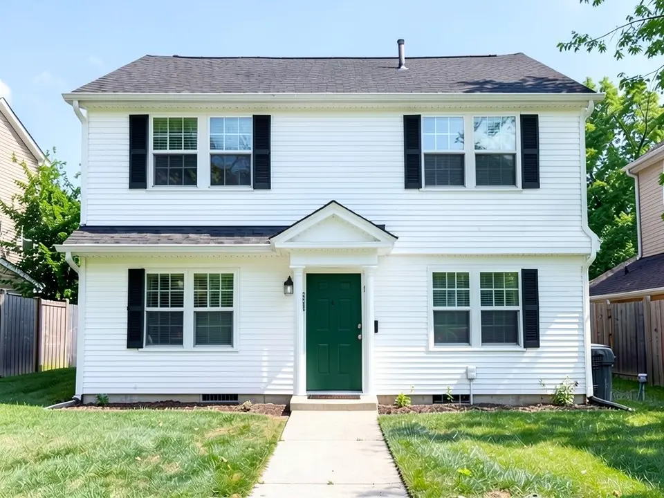 The same house with white horizontal siding, black shutters beside all four windows, a deep green front door under a small white pediment with two slim white columns, and the same dark roof, lawn and path