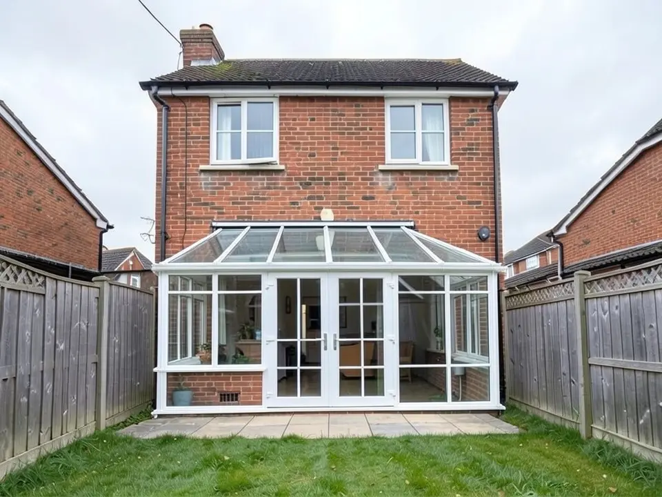 The same house with a white-framed conservatory standing on the patio against the back wall, with glazed walls, a short brick base and a sloping glass roof with angled ends, the French doors visible inside, and the same upstairs windows, roof, chimney, fences and lawn