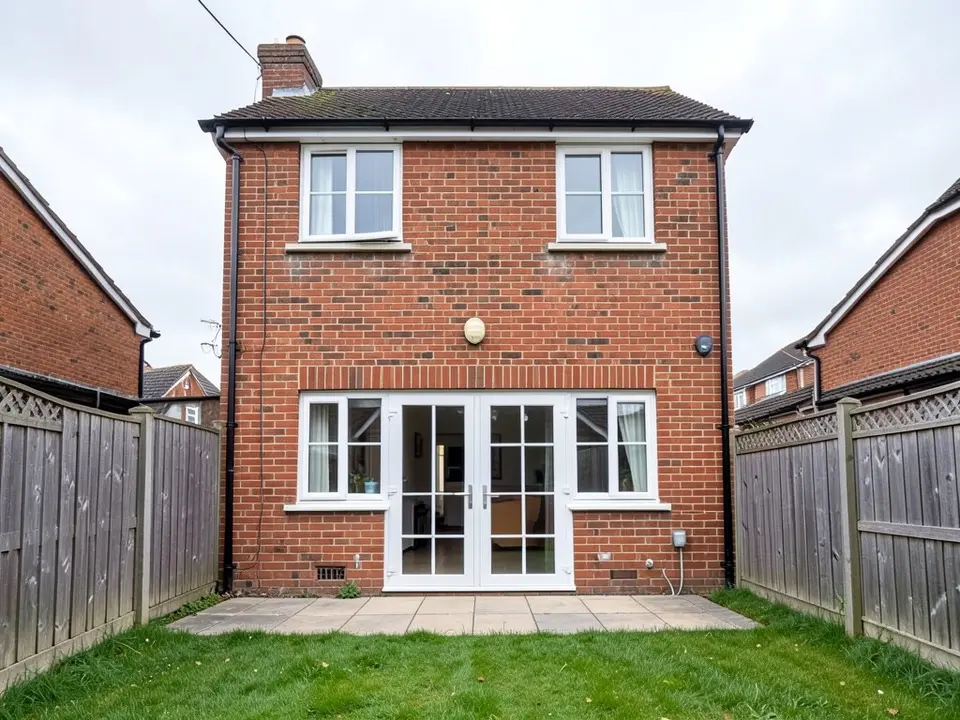 Back of a two-storey red brick house with a dark tiled roof and a chimney, two white-framed windows upstairs, white French doors with a window on each side and a brick band above them on the ground floor, a small paved patio, wooden fences on both sides and a lawn
