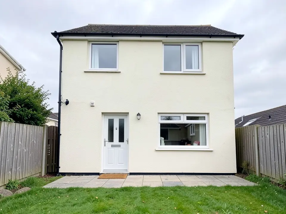 Back of a two-storey cream rendered house with a dark tiled roof, a white back door and a kitchen window on the ground floor, two white-framed windows upstairs, wooden fences on both sides, a paved patio and a lawn