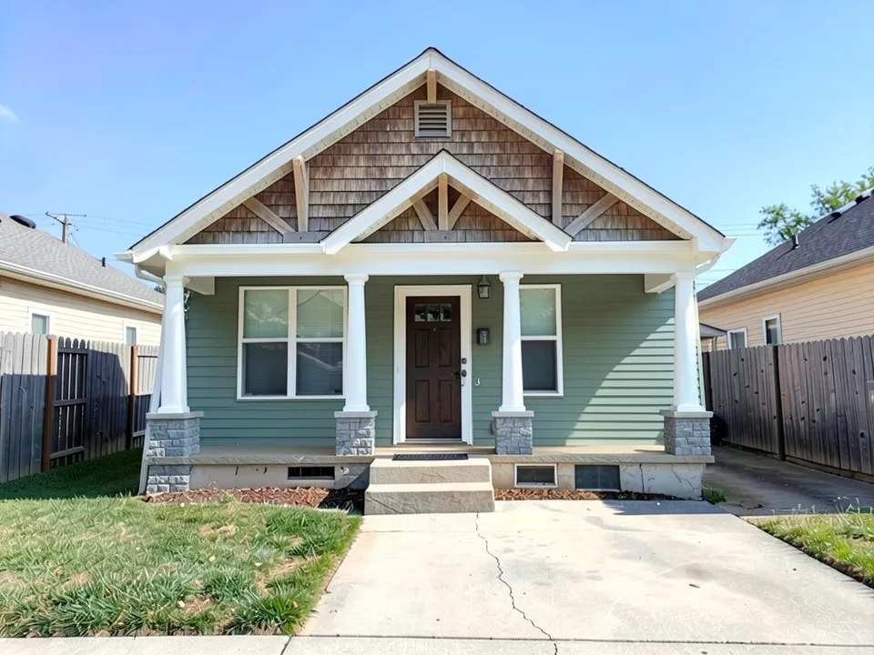 The same house as a Craftsman with sage green siding, cedar shingles and timber brackets in the gable, a full-width porch with its own small gable on white round columns standing on grey stone bases, and a dark wood door