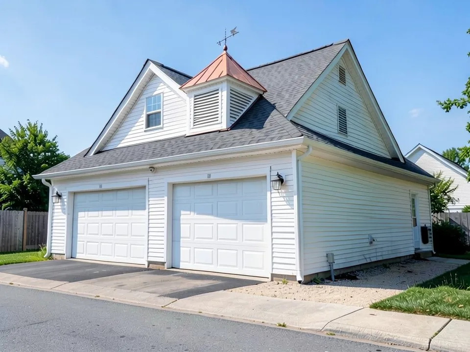 The same garage with a square white louvred cupola with a copper hip roof and a weathervane on the roof, beside the front gable