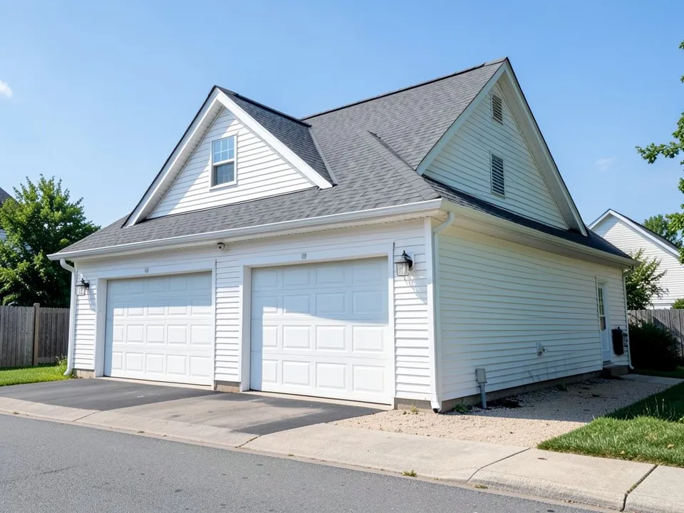 A white two-car garage with a grey shingle roof, a front gable and a side gable, two white garage doors and a driveway
