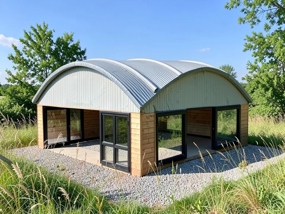 A photo-like render of the same house with two curved corrugated metal roofs, pale grey corrugated end walls above black framed glass, timber lower walls, a gravel yard, tall grasses and trees